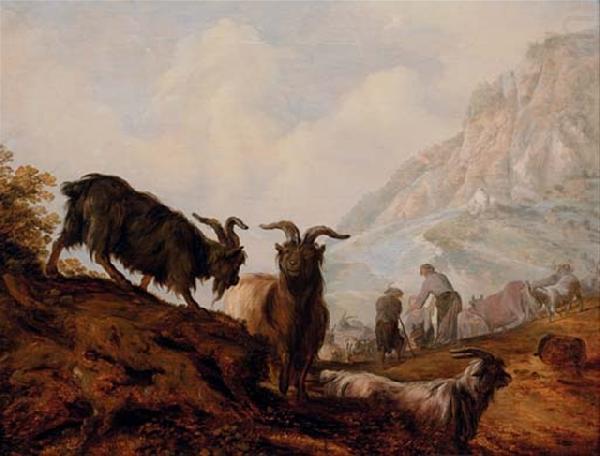 Peasants and goats in a mountainous landscape, Jacobus Mancadan